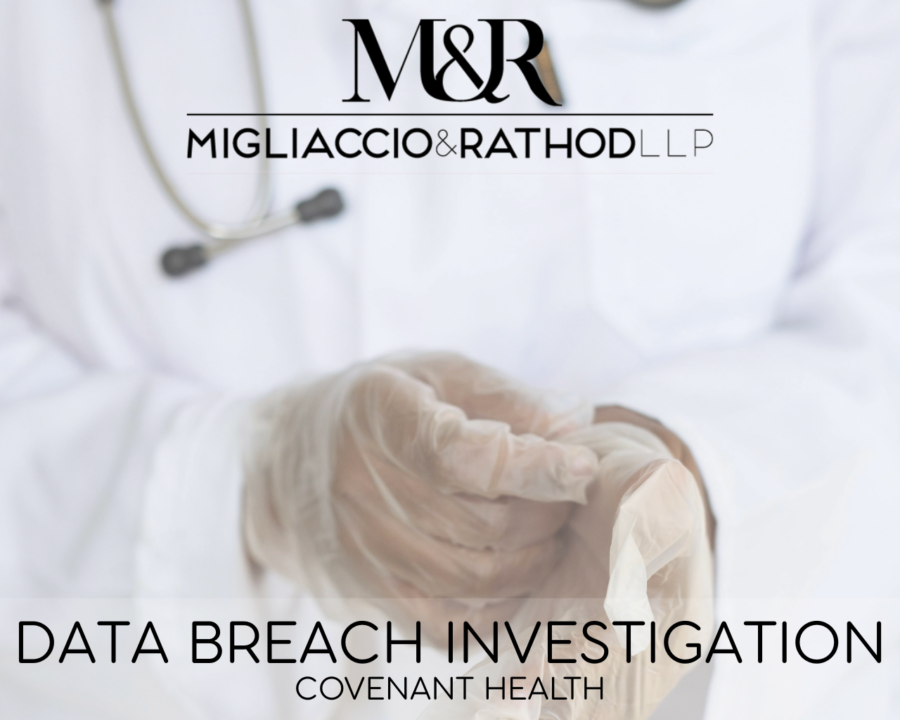 Graphic announcing the Covenant Health data breach investigation, featuring the Migliaccio & Rathod LLP logo and a background image of a healthcare worker.