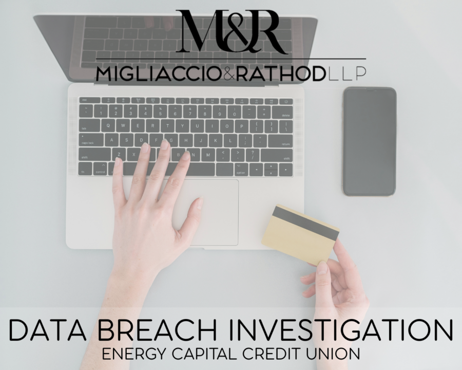 Graphic announcing the Energy Capital Credit Union Data Breach investigation, featuring the Migliaccio & Rathod LLP logo and a background image of a computer and credit card.