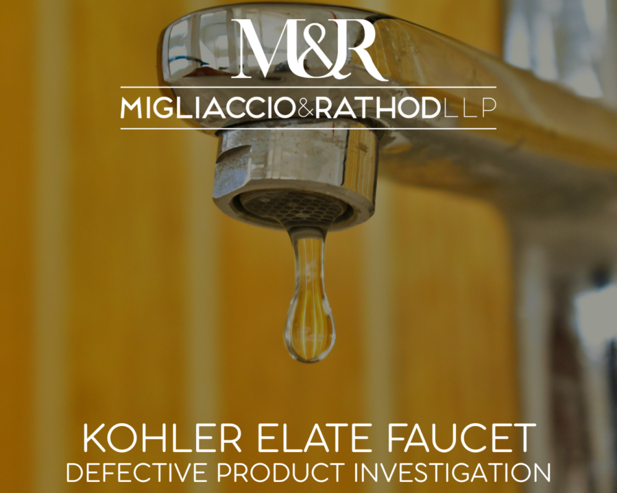 Graphic announcing the Kohler Elate Faucet product defect investigation, featuring the Migliaccio & Rathod LLP logo and a background image of a faucet.