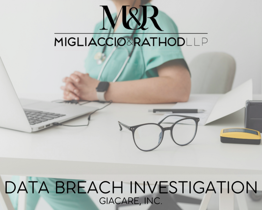 Graphic announcing the GiaCare Data Breach investigation, featuring the Migliaccio & Rathod LLP logo and a background image of medical IT equipment.