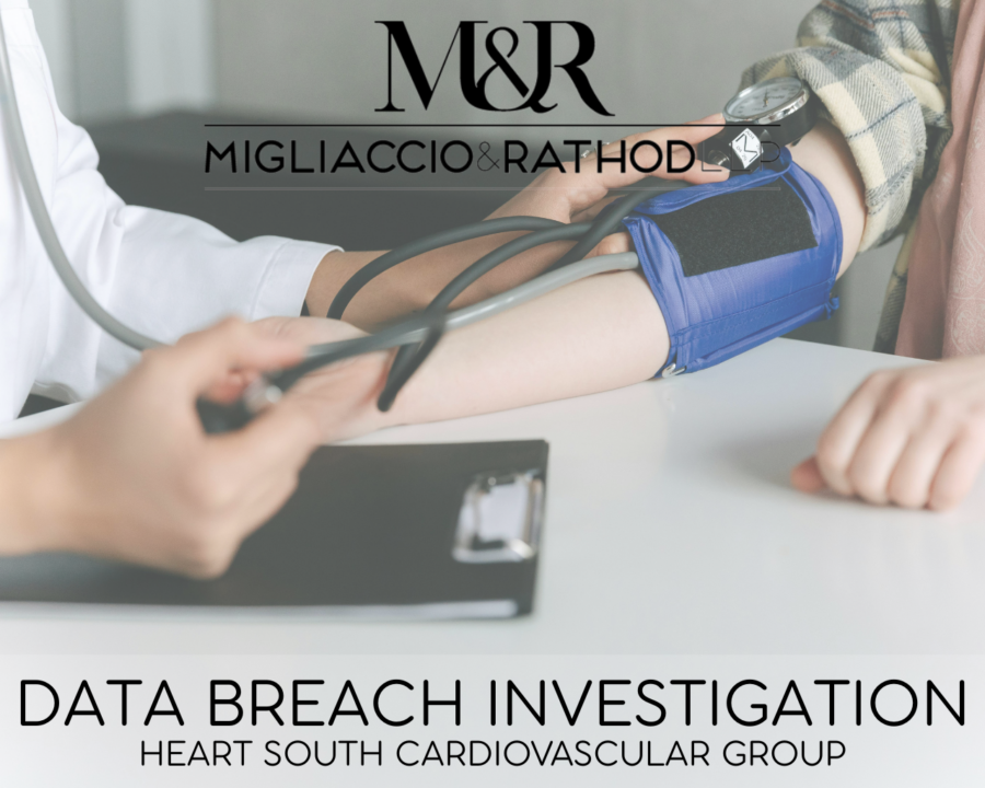Graphic announcing the Heart South Cardiovascular Group Data Breach Investigation, featuring the Migliaccio & Rathod LLP logo and a background image of a blood pressure monitor.