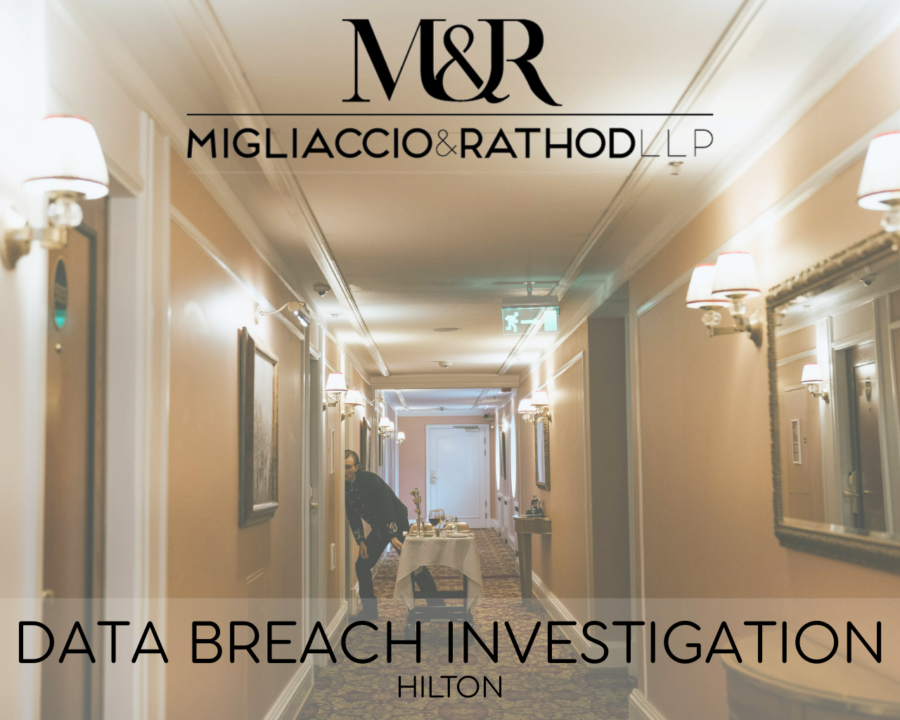 Graphic announcing the Hilton Data Breach Investigation, featuring the Migliaccio & Rathod LLP logo and a background image of a hotel.