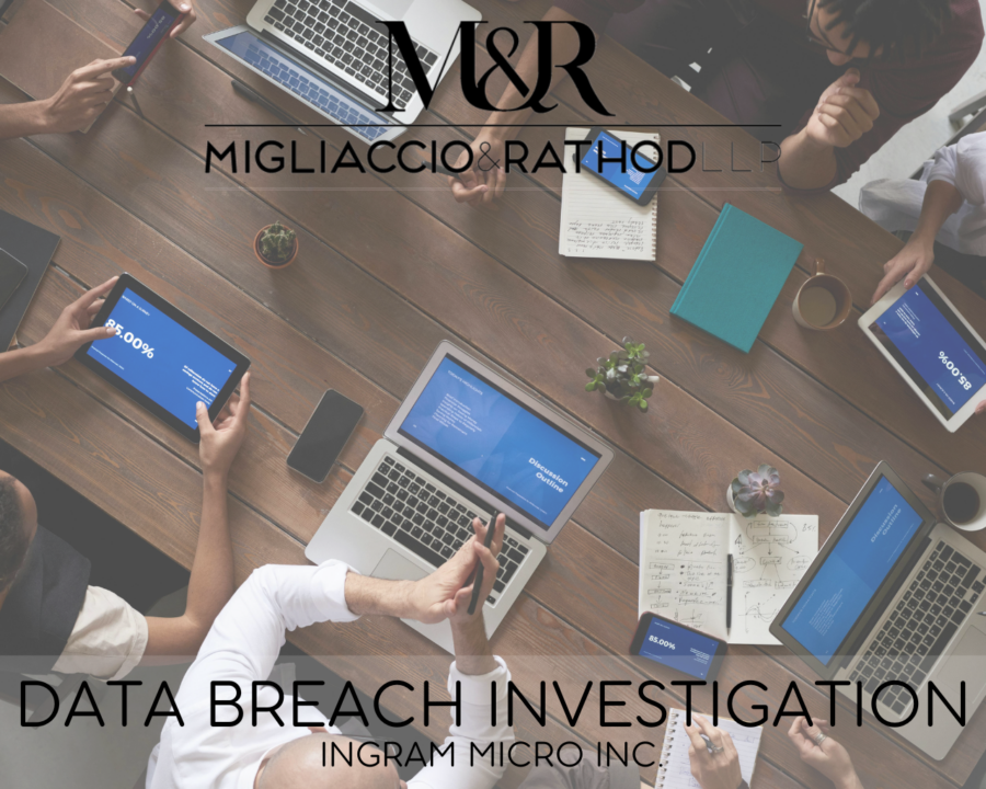 Graphic announcing the Ingram Micro Data Breach investigation, featuring the Migliaccio & Rathod LLP logo and a background image of business technology.