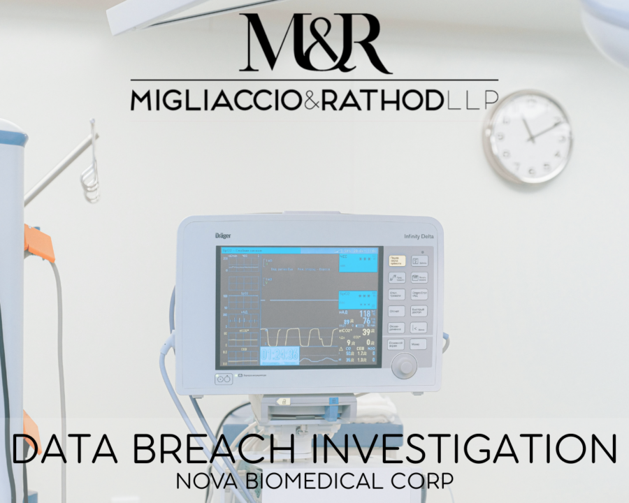 Graphic announcing the Nova Biomedical Data Breach investigation, featuring the Migliaccio & Rathod LLP logo and a background image of medical technology.