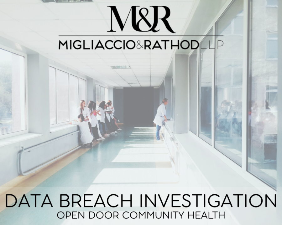 Graphic announcing the Open Door Community Health Data Breach investigation, featuring the Migliaccio & Rathod LLP logo and a background image of a hospital.