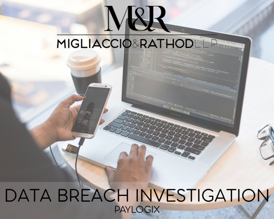 Graphic announcing the Paylogix data breach investigation, featuring the Migliaccio & Rathod LLP logo and a background image of a computer.
