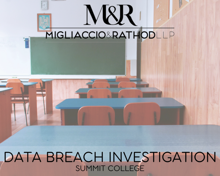 Graphic announcing the Summit College data breach investigation, featuring the Migliaccio & Rathod logo and a background image of a classroom.