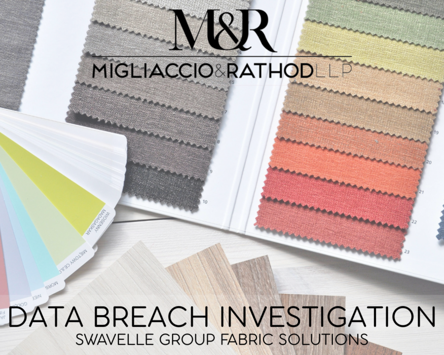 Graphic announcing the Swavelle Group Fabric Solutions data breach investigation, featuring the Migliaccio & Rathod LLP logo and a background image of textiles.