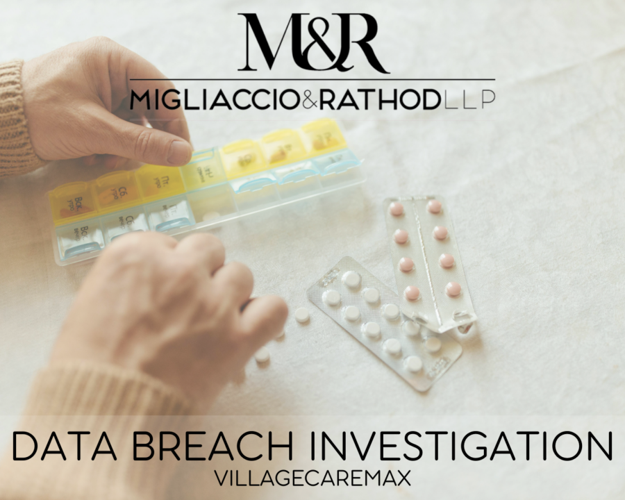 Graphic announcing the VillageCareMAX data breach investigation, featuring the Migliaccio & Rathod LLP logo and a background image of preparing weekly pills.