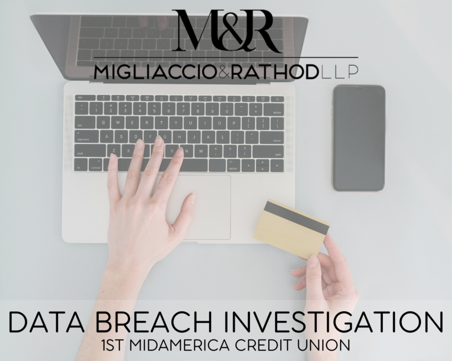 Graphic announcing the 1st MidAmerica Credit Union Data Breach Investigation, featuring the Migliaccio & Rathod LLP logo and a background image of a computer and credit card.