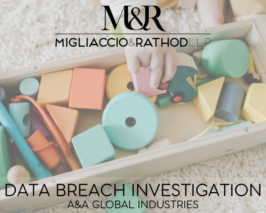 Graphic announcing the A&A Global Industries data breach investigation, featuring the Migliaccio & Rathod LLP logo and a background image of toys.
