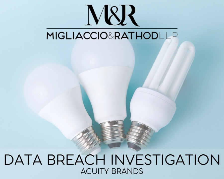 Graphic announcing the Acuity Brands data breach investigation, featuring the Migliaccio & Rathod LLP logo and a background image of light bulbs.