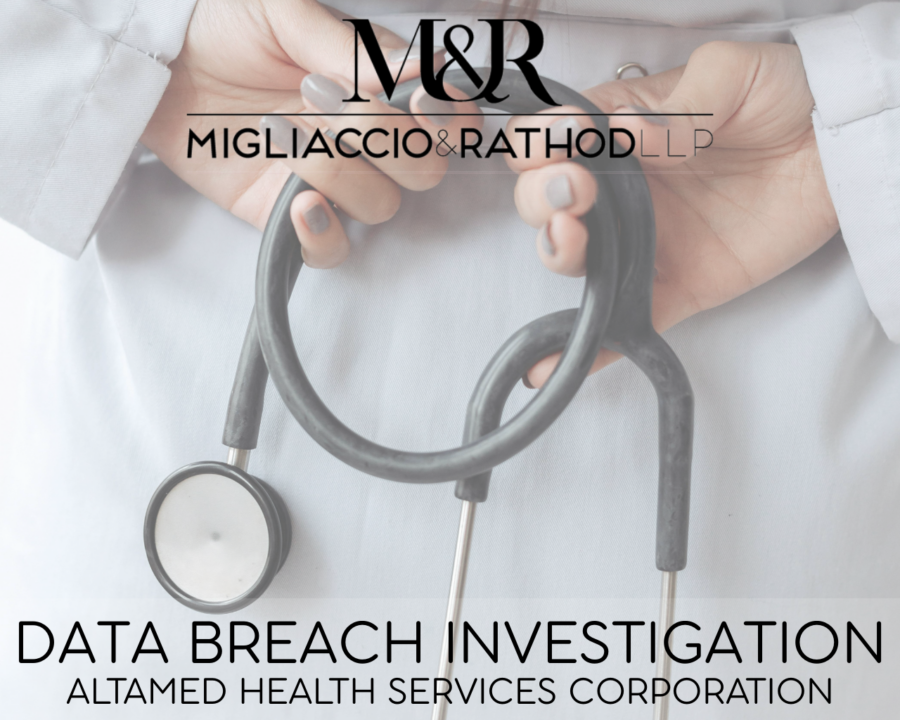 Graphic announcing the AltaMed Data Breach Investigation, featuring the Migliaccio & Rathod LLP logo and a background image of a stethoscope.