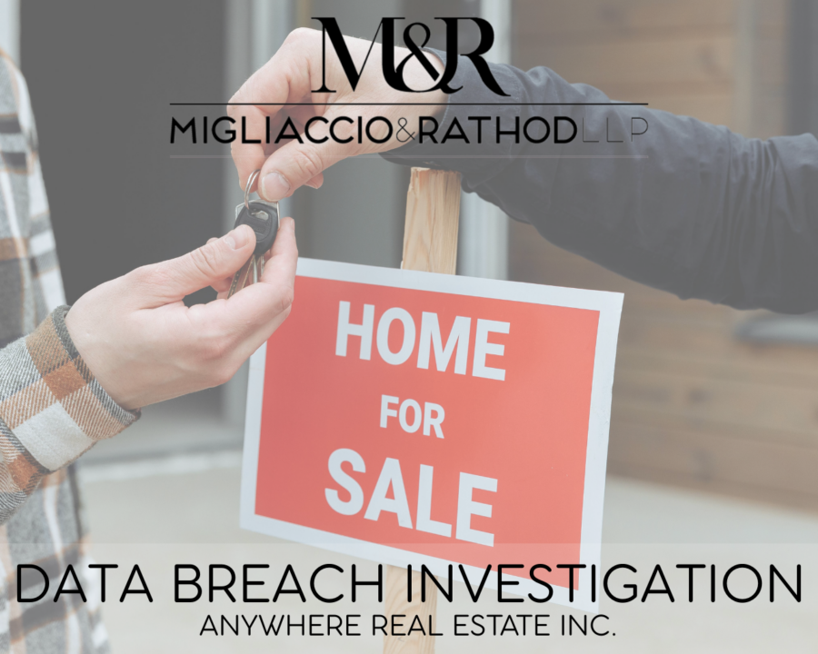 Graphic announcing the Anywhere Real Estate Inc. data breach investigation, featuring the Migliaccio & Rathod LLP logo and a background image of a real estate deal.