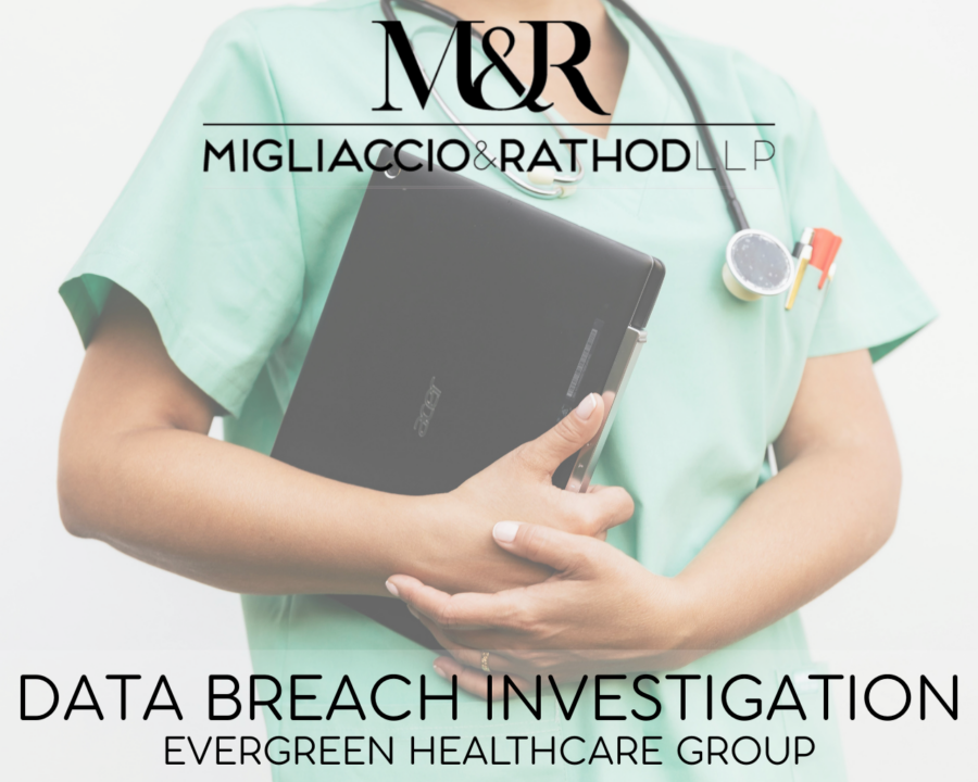 Graphic announcing the Evergreen Healthcare Group Data Breach investigation, featuring Migliaccio & Rathod LLP logo and a background image of healthcare workers.