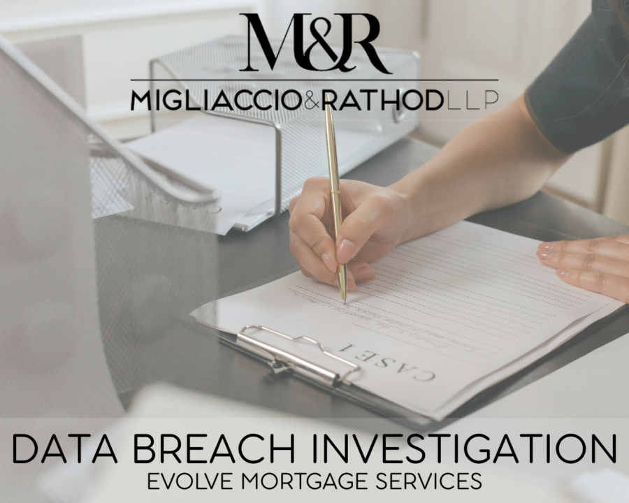 Graphic announcing the Evolve Mortgage Services Data Breach Investigation, featuring the Migliaccio & Rathod LLP logo and a background image of paperwork.