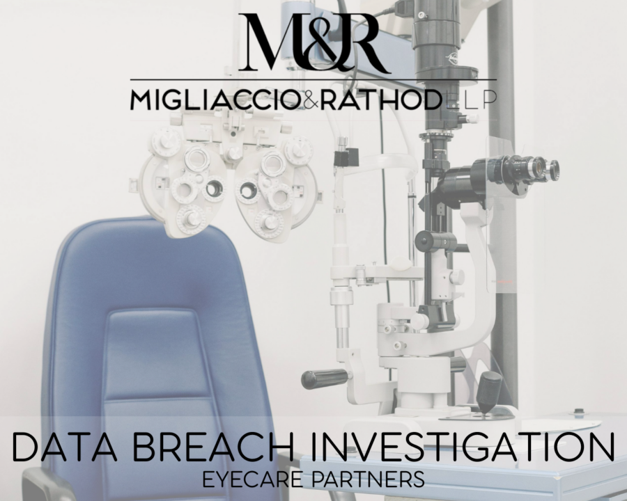 Graphic announcing the EyeCare Partners Data Breach Investigation, featuring the Migliaccio & Rathod LLP logo and a background image of an eye doctor setup.