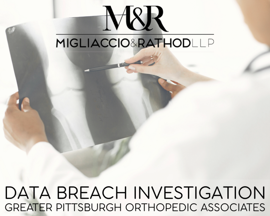 Graphic announcing the Greater Pittsburgh Orthopedic Associates data breach investigation, featuring the Migliaccio & Rathod LLP logo and a background image of an orthopedist.