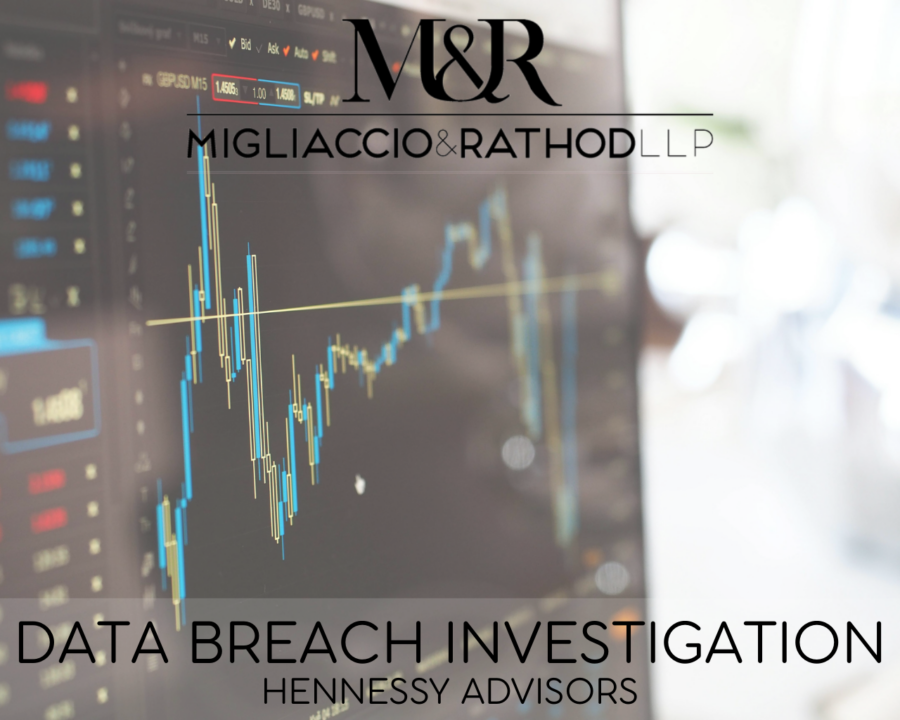 Graphic announcing the Hennessy Advisors Data Breach investigation, featuring the Migliaccio & Rathod LLP logo and a background image of a stock graph.