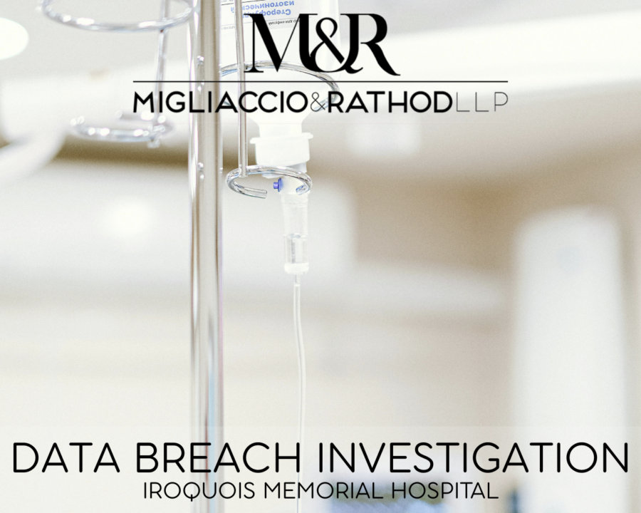 Graphic announcing the Iroquois Memorial Hospital Data Breach Investigation, featuring the Migliaccio & Rathod LLP logo and a background image of a hospital.