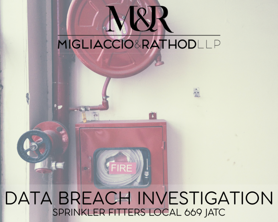 Graphic announcing the Sprinkler Fitters Local 669 JATC Data Breach Investigation, featuring the Migliaccio & Rathod LLP logo and a background image of a fire sprinkler.