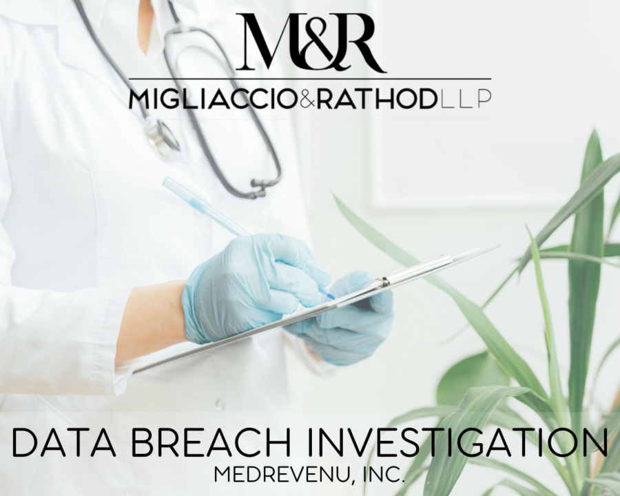 Graphic announcing the MedRevenu Data Breach Investigation, featuring the Migliaccio & Rathod LLP logo and a background image of medical paperwork.