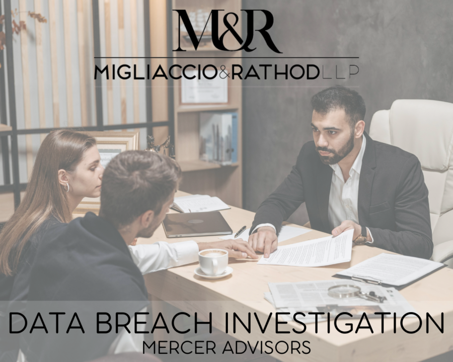Graphic announcing the Mercer Advisors Data Breach Investigation, featuring the Migliaccio & Rathod logo and a background image of an advisor.