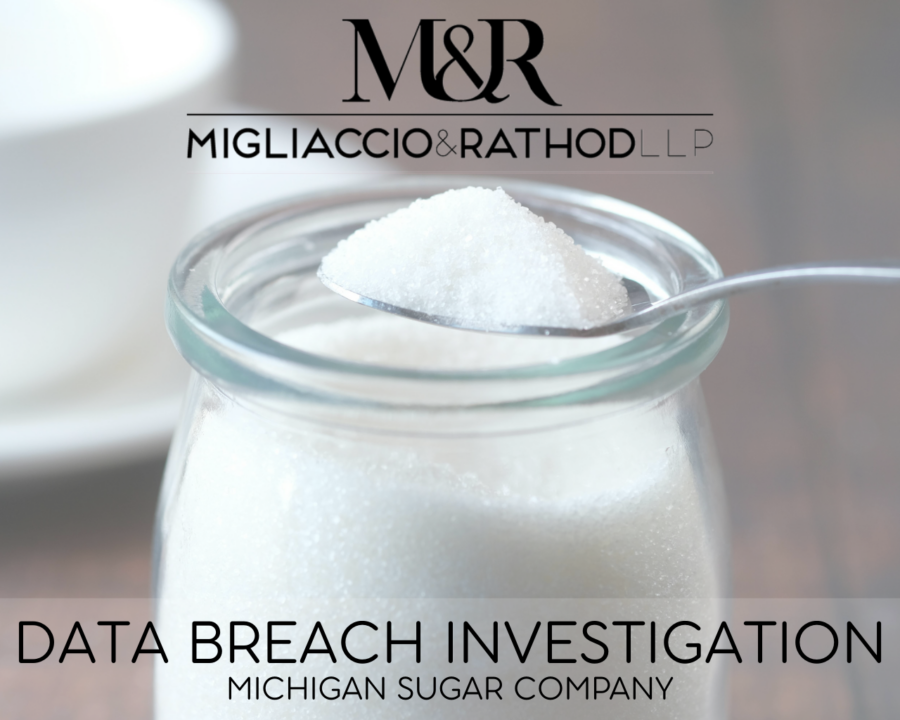 Graphic announcing the Michigan Sugar Company featuring the Migliaccio & Rathod LLP logo and a background image of sugar.