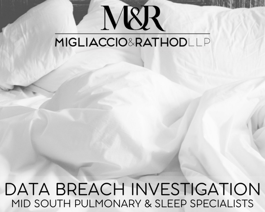 Graphic announcing the Mid South Pulmonary & Sleep Specialists Data Breach investigation, featuring the Migliaccio & Rathod LLP logo and a background image of a bed.