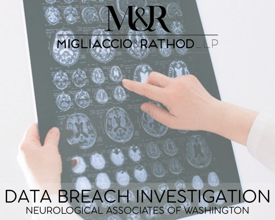 Graphic announcing the Neurological Associates of Washington Data Breach investigation, featuring the Migliaccio & Rathod LLP logo and a background image of brain scans.