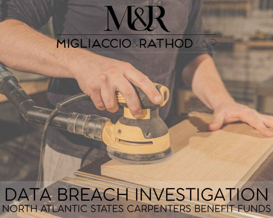 Graphic announcing the North Atlantic States Carpenters Benefit Funds data breach investigation, featuring the Migliaccio & Rathod LLP logo and a background image of woodworking.