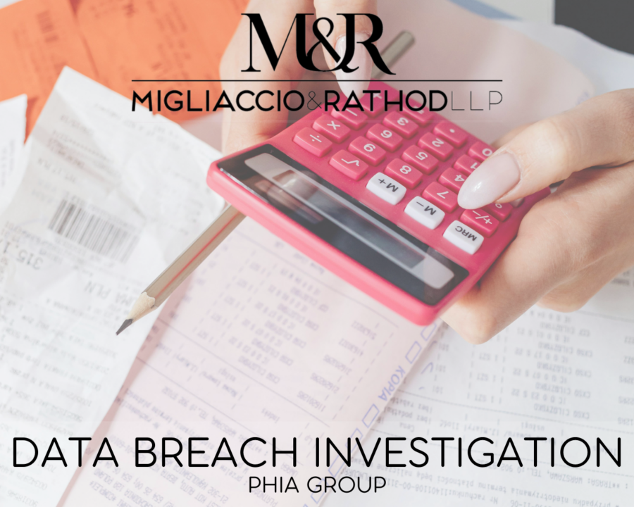 Graphic announcing the Phia Data Breach investigation, featuring the Migliaccio & Rathod LLP logo and a background image of someone using a calculator.