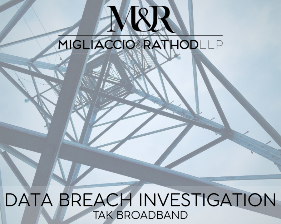 Graphic announcing the TAK Broadband Data Breach investigation, featuring the Migliaccio & Rathod LLP logo and a background image of a cell tower.