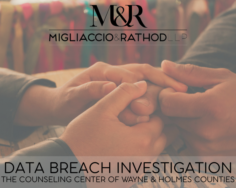 Graphic announcing the counseling center data breach, featuring the Migliaccio & Rathod LLP logo and a background image of holding hands.