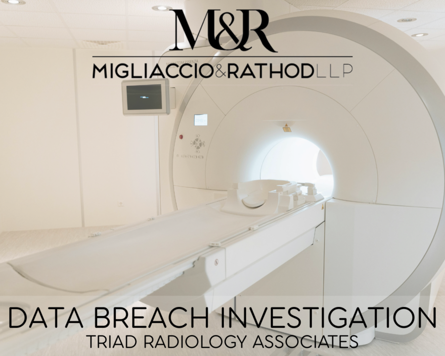 Graphic announcing the Triad Radiology Associates Data Breach Investigation, featuring the Migliaccio & Rathod LLP logo and a background image of an MRI machine.