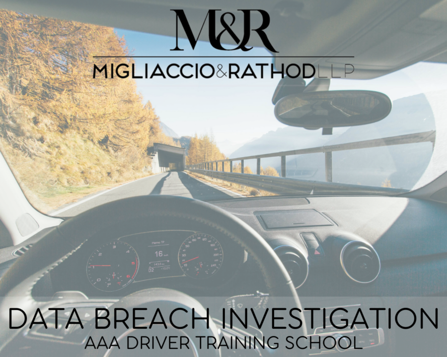 Graphic announcing the AAA Driver Training School Data Breach Investigation, featuring the Migliaccio & Rathod LLP logo and a background image of a steering wheel.