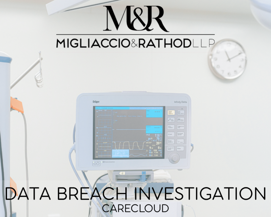 Graphic announcing the CareCloud Data Breach Investigation, featuring the Migliaccio & Rathod LLP logo and a background image of a medical device.