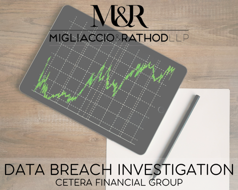 Graphic announcing the Cetera Financial Group Data Breach Investigation, featuring the Migliaccio & Rathod LLP logo and a background image of financial graphs.