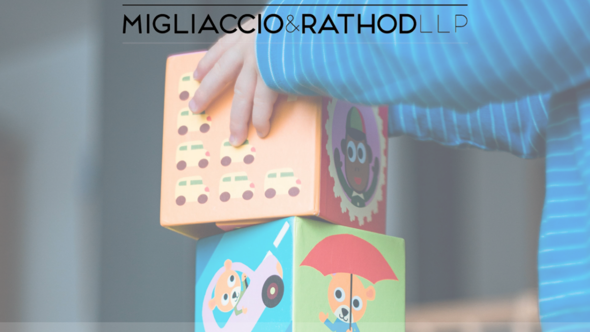 Graphic announcing the Children's Council of San Francisco Data Breach investigation, featuring the Migliaccio & Rathod LLP logo and a background image of a child playing with blocks.