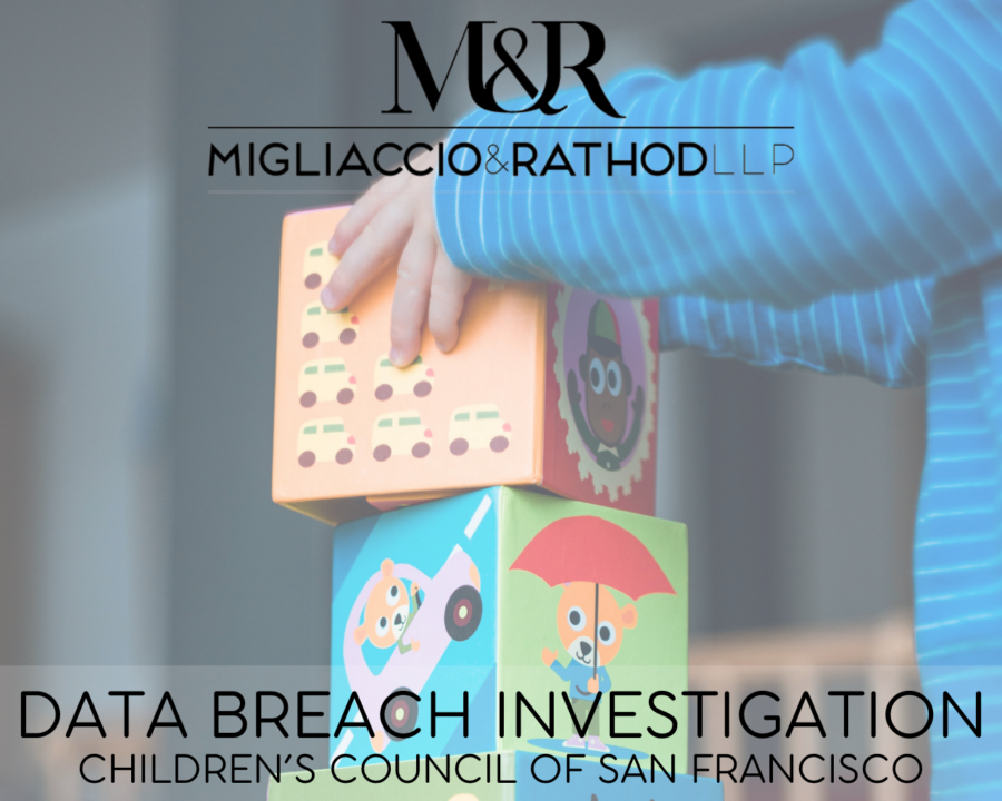 Graphic announcing the Children's Council of San Francisco Data Breach investigation, featuring the Migliaccio & Rathod LLP logo and a background image of a child playing with blocks.