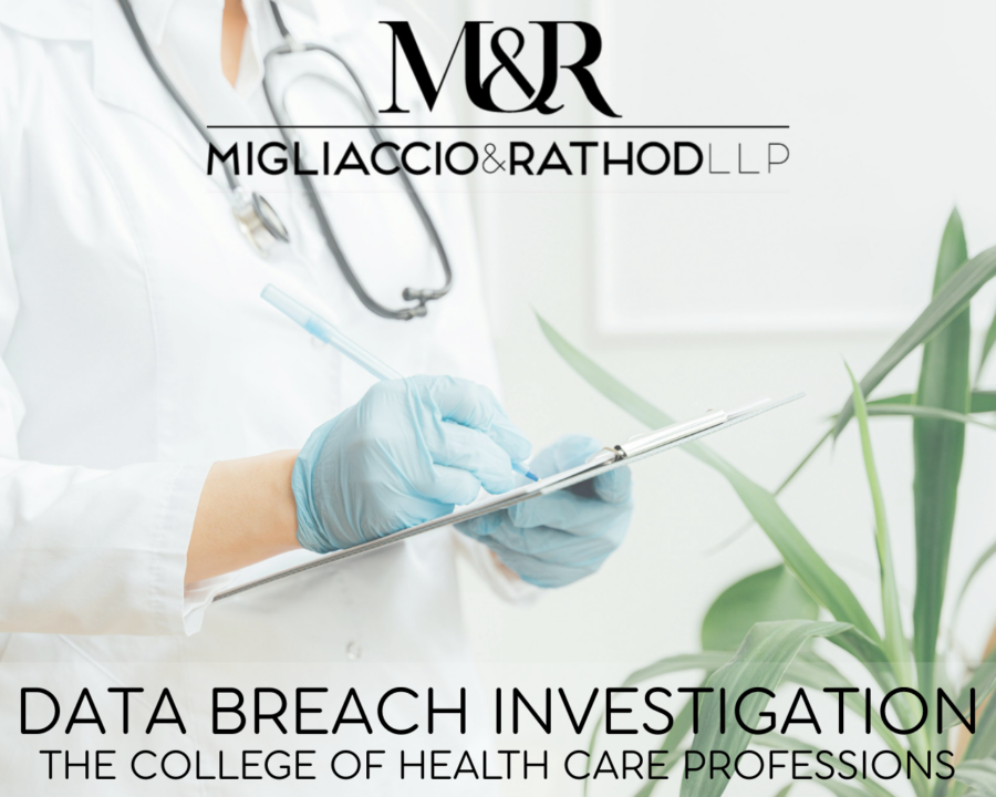 Graphic announcing The College of Health Care Professionals Data Breach Investigation, featuring the Migliaccio & Rathod LLP logo and a background image of a healthcare worker.