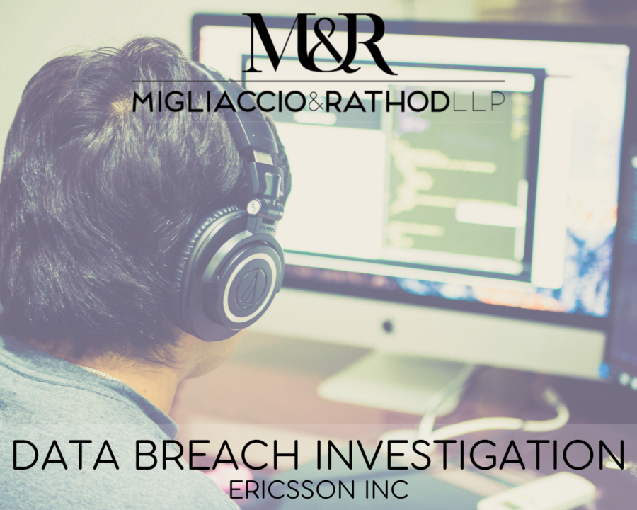 Graphic announcing the Ericsson Data Breach Investigation, featuring the Migliaccio & Rathod LLP logo and a background image of a man on a computer with a headset.