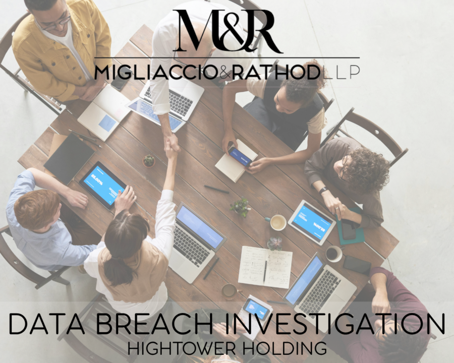 Graphic announcing the Hightower Holding Data Breach, featuring the Migliaccio & Rathod LLP logo and an aerial image of people having a meeting.