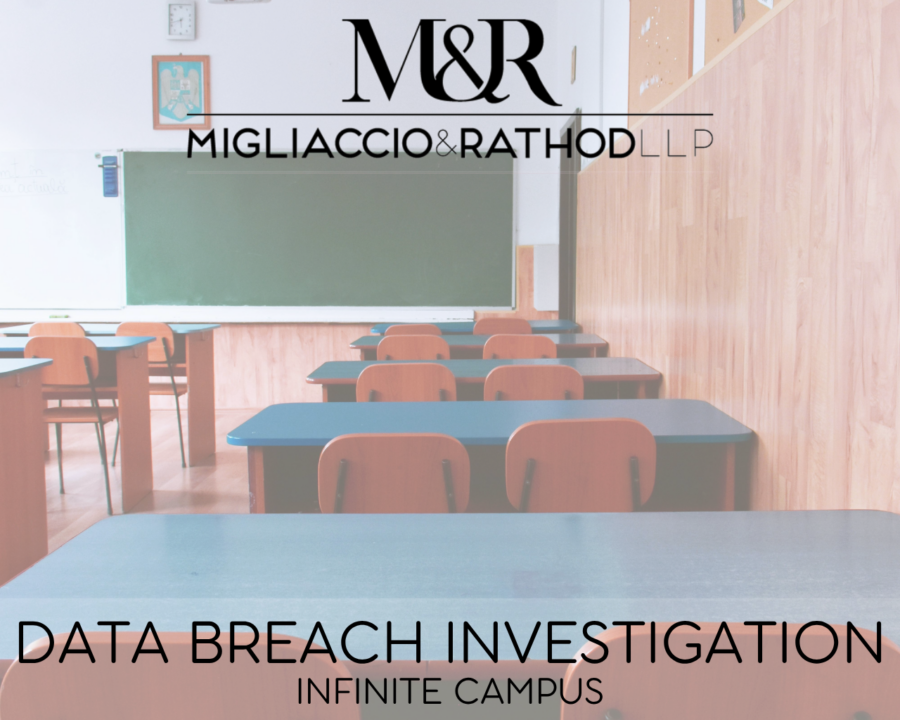 Graphic announcing the Infinite Campus data breach investigation, featuring the Migliaccio & Rathod LLP logo and a background image of a classroom.