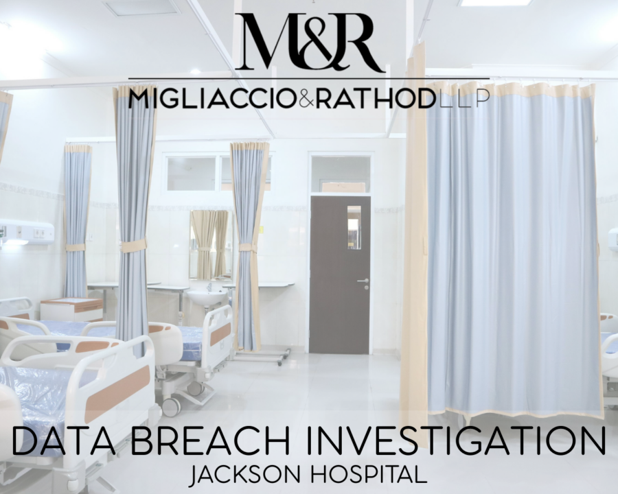 Graphic announcing the Jackson Hospital data breach investigation, featuring the Migliaccio & Rathod LLP logo and a background image of a hospital.