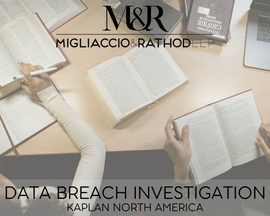 Graphic announcing the Kaplan North America data breach investigation, featuring the Migliaccio & Rathod LLP logo and a background image of studying.