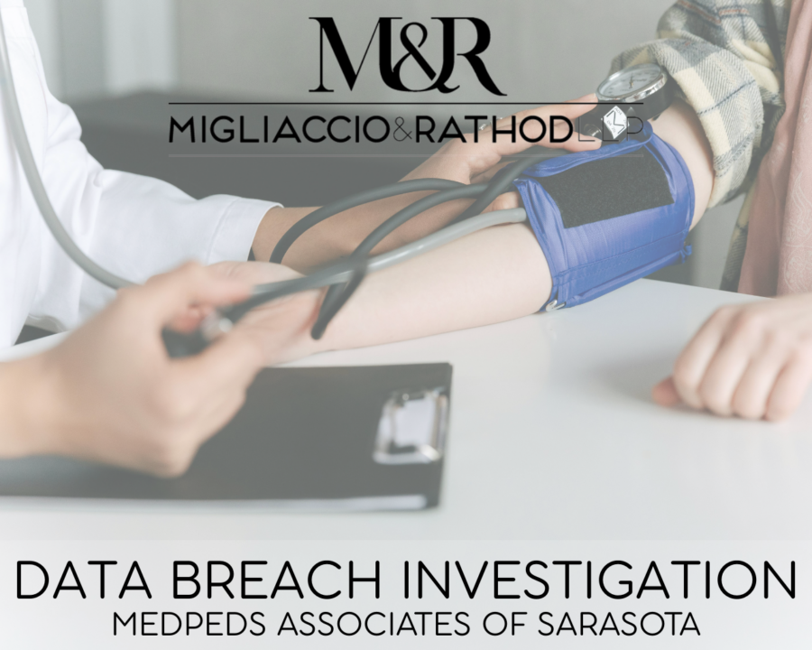 Graphic announcing the MedPeds Data Breach Investigation, featuring the Migliaccio & Rathod LLP logo and a background image of a medical provider.