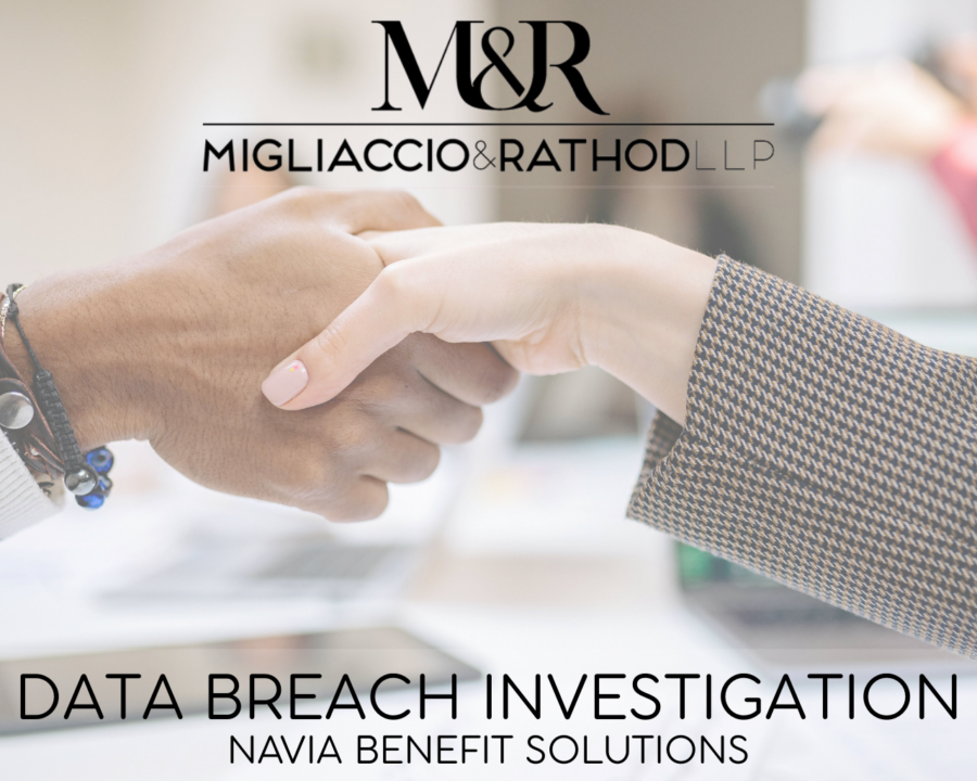 Graphic announcing the Navia Benefit Solutions Data Breach Investigation, featuring the Migliaccio & Rathod LLP logo and a background image of people shaking hands.