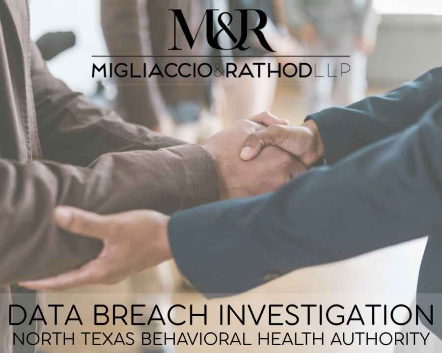 Graphic announcing the North Texas Behavioral Health Authority Data Breach Investigation, featuring the Migliaccio & Rathod LLP logo and a background image of people shaking hands.