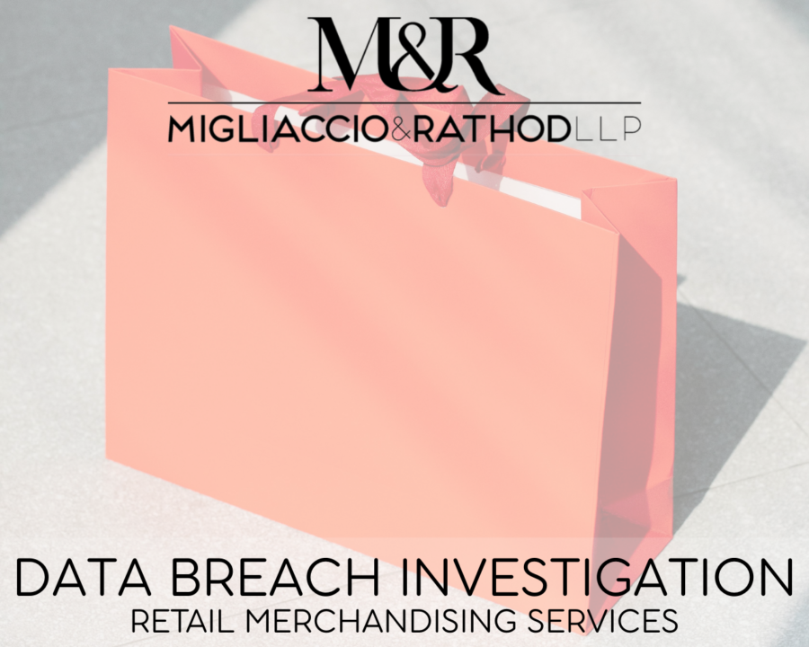 Graphic announcing the Retail Merchandising Services Data Breach Investigation, featuring the Migliaccio & Rathod LLP logo and a background image of a shopping bag.